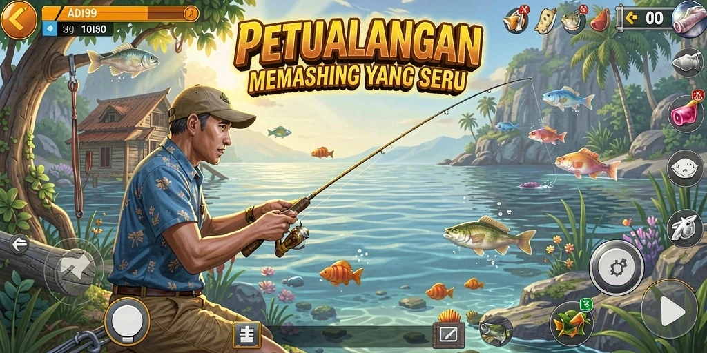Screenshot gameplay ADI99 menampilkan momen menangkap ikan yang mendebarkan.