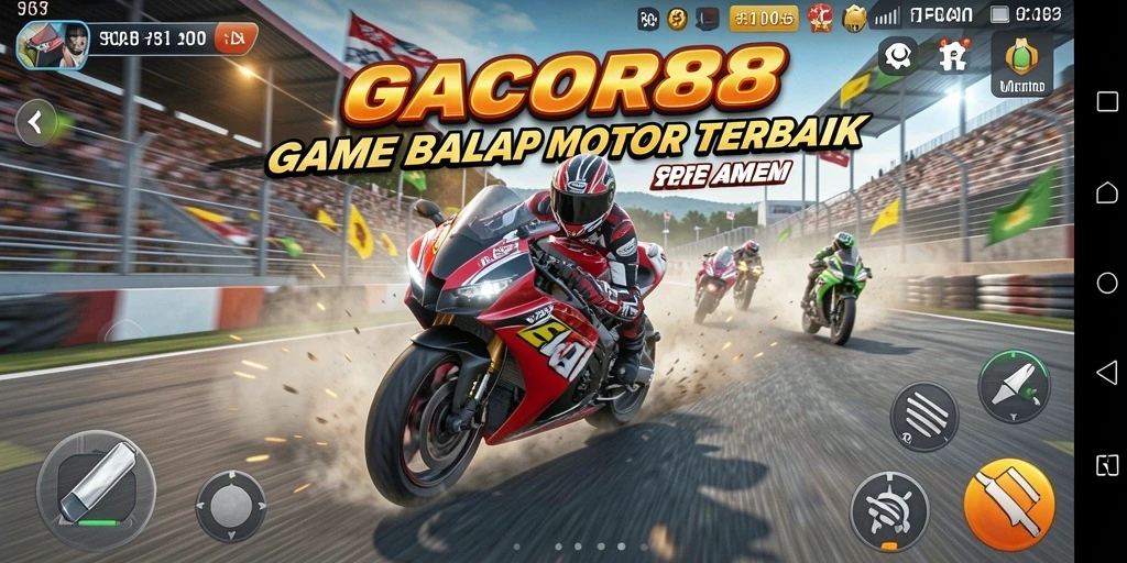Tangkapan layar gameplay GACOR88 menunjukkan aksi balap motor yang mendebarkan.