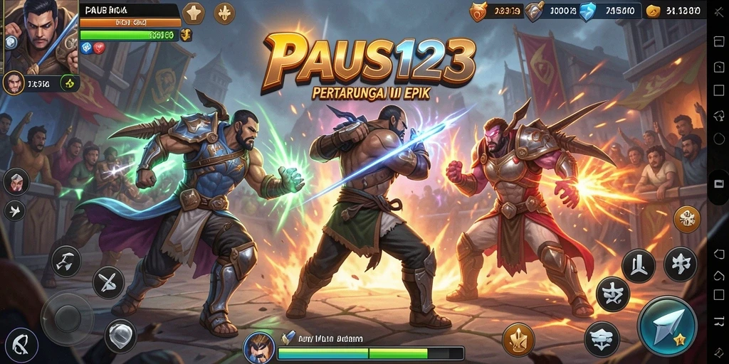 Tampilan gameplay PAUS123 menampilkan pertarungan yang intens dan karakter yang beragam.